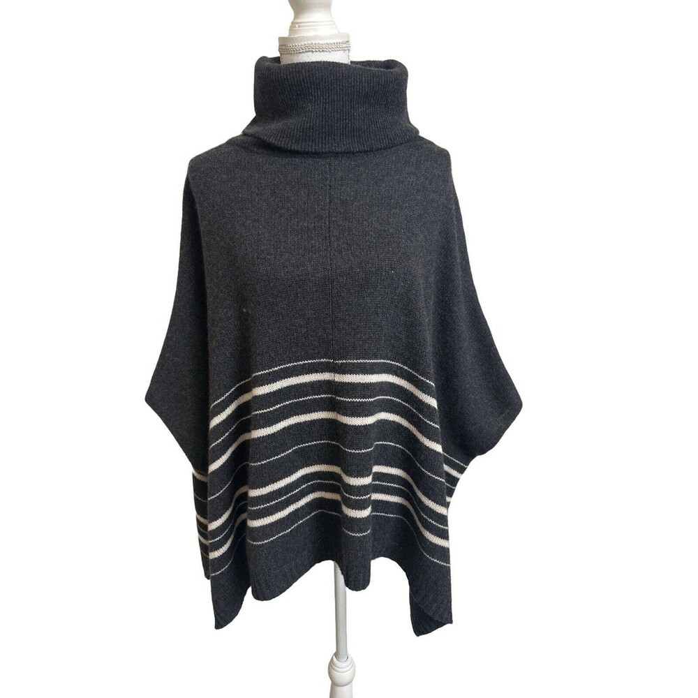 360 Cashmere Women's XS Oversized Gray & White Striped Turtleneck Poncho